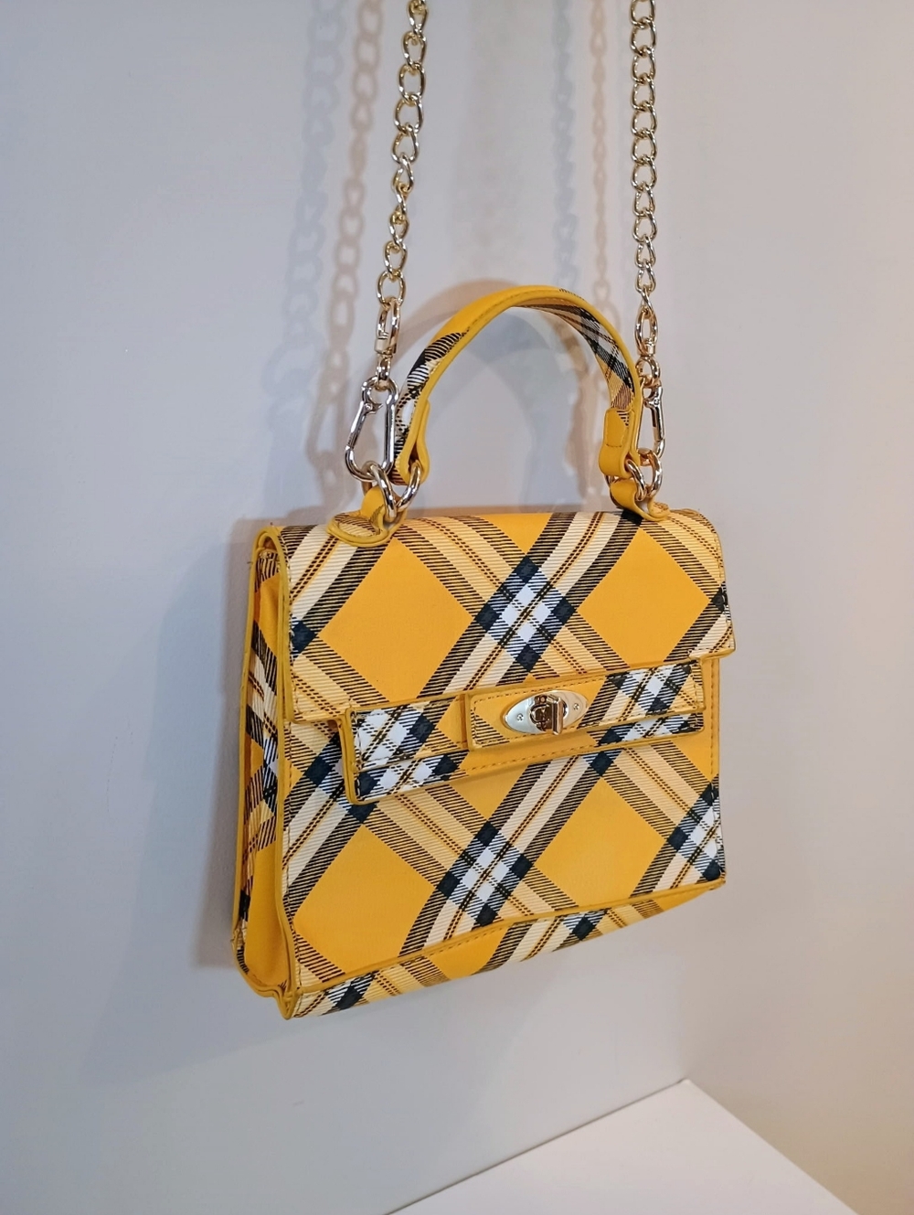 Steve Madden Yellow Plaid Mini Crossbody Bag with Chain Strap - Picture 3 of 8